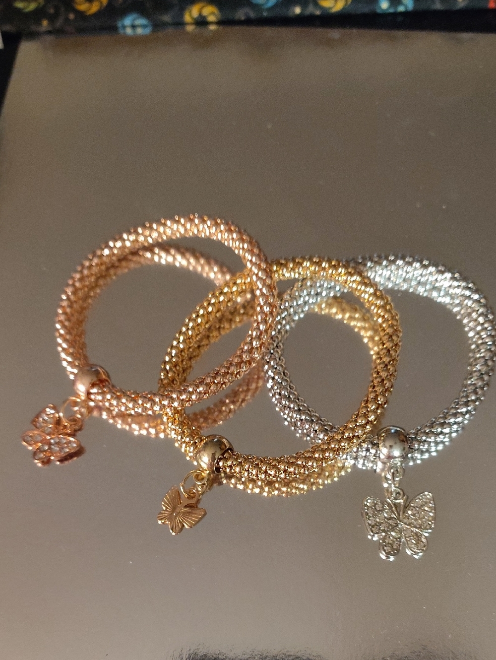 Tri-Tone Butterfly Charm Stretch Bracelet Set - Rose Gold, Gold & Silver